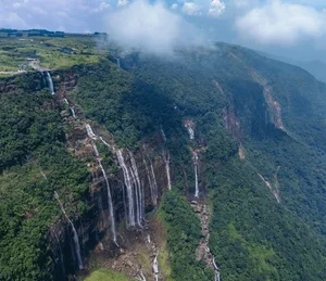 aerial-view-breathtaking-waterfall-cascading-260nw-2550877579